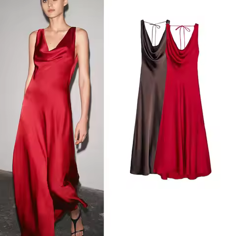 Ele Long Silk Satin Gown Asymmetrical Hem V-Ne Wide Strap Draped A-Line Summer Dr High Waist Polyest
