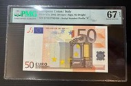 【評級鈔票】歐盟 2002 年 50歐元 EURO 紙鈔一枚(S義大利版) PMG67 EPQ 絕版少見~
