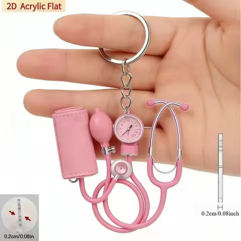 2/5 Pack 2D Flat Acrylic Keychain Set in the Shape of a Pink Stethoscope + Blood Pressure Monitor, a