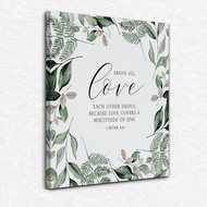 Bible Verse Scripture 1 Peter 4:8 Above All Love Each Other Deeply Green Leaf Canvas Wall Art Christ