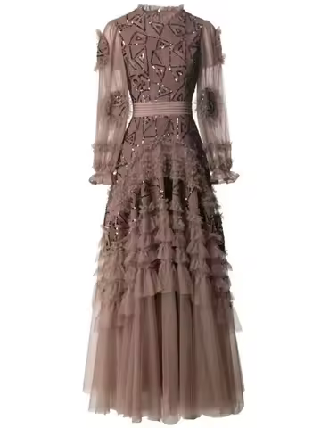 Elegant Maxi Swing Dress Long Sleeve Mesh Sequin Ruffle Lace Women's Fashion TRAF ropa mujer vestido