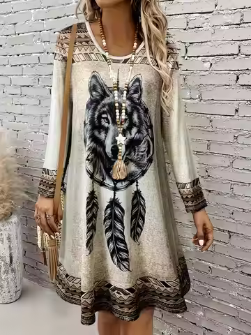 Women’s Long - Sleeve Bohemian Dress, Wolf Print Round neck Dress,Casual Festival & Daily Wear