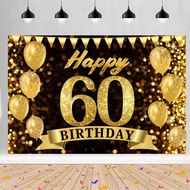 60th Happy Birthday Party Banner Backdrop Black and Gold 60th Party Decoration Photo Background Fabr
