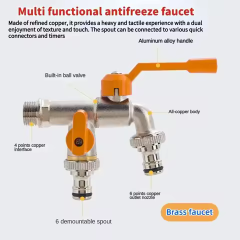 Outdoor Double Water Tap Faucet Exterior Garden Hose Faucet Adapter 1/2'' 3/4'' 1 Inlet 2 BC Water T