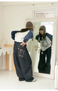 oddmaker繡花復古收口闊腿牛仔褲女寬松百搭直筒休閒褲