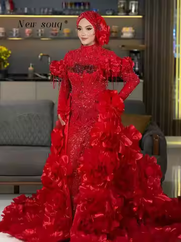 Red Beaded Muslim Evening Dresses with 3D Floral Train Customized Middle East Hijab Brides Wedding P