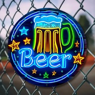 Retro Round Beer Neon Light Sign 7.87 Inch LED Aluminum Wall Decor for Home Bar Pub Man Cave Garage