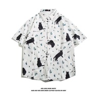 2024 Summer New Japanese Literary Style Fashion Cute Black Cat Pattern Printed Thin Cool Hawaiian Ca