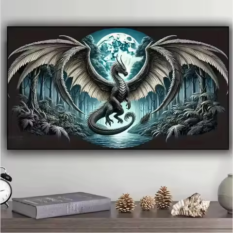 Full Square Round Diamond Embroidery,Night Moon Forest Dragon Diamond Painting,Mosaic Mysterious Lan