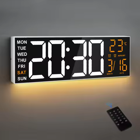 LED Wall Clock with Night Light, 8 RGB Colors, Temperature Display, 2 Alarms, Countdown Function, 12