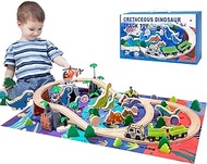 TUKELER 80pcs Wooden Train Set for Toddler, Wooden Tracks Fits Thomas, Brio, Chuggington, Melissa and Doug-Expandable Train Toy for 3-8 Years Old Girls &amp; Boys-with Map Mat, Dinosaur Theme