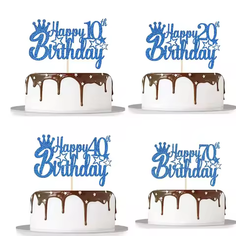 Royal Blue Glitter Paper Happy 10th 15th 18th Birthday Cake Topper for Men Boy 20th 40th 70th Birthd
