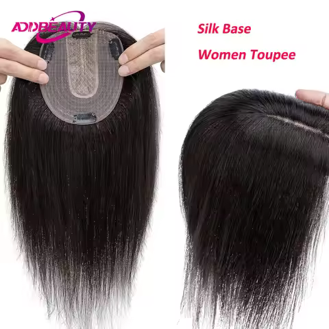 Women Topper Human Hair Straight Silk Top Human Hair Wigs Machine Made Clip in Remy Hair Toupee Silk