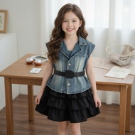 G438 (Size 120-170) Black Denim Shirt And Layered Skirt Set