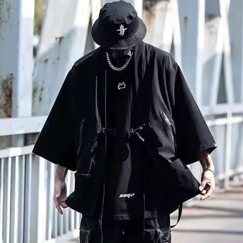 2023 Ribbon Hip Hop Punk Techwear Kimono Oversized Shirts Mens Japan Style Harajuku Casual Cargo Shi
