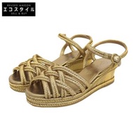 香奈兒金屬 Coco Mark 編織坡跟涼鞋/草編鞋，女士，金色，36C 碼，G28947