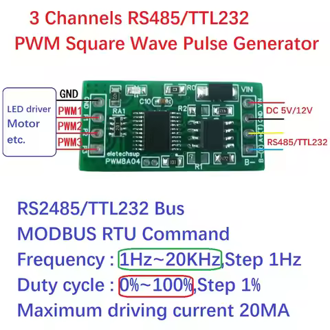 3Ch RS485 to PWM Square Wave Pulse Generator 1Hz-20kHz Frequency Duty Cycle Adjustable DC 5V 12V