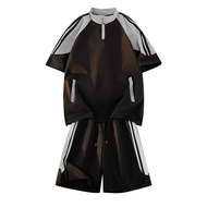 Men Spliced ShortSleeve Outfit Set Loose Casual Tracksuit4XL