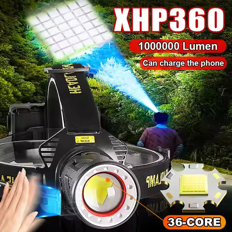 1000000LM XHP360 IR Sensor Led Headlamp Head Flashlight Type-c Recharge Front Head Light Powerful He