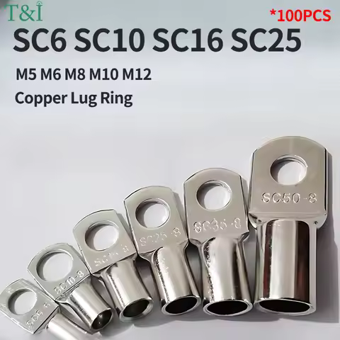 100pcs Copper Lug Ring Wire Connectors Cable Electric Crimp Terminal SC6-6 SC6-8 SC10-6 SC10-8 SC16-