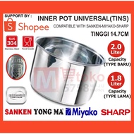 INNER POT RICE COOKER UNIVERSAL STAINLESS STELL TINS 1.8LT OLD & COMPATIBLE FOR PHILIPS 2 L 147CM