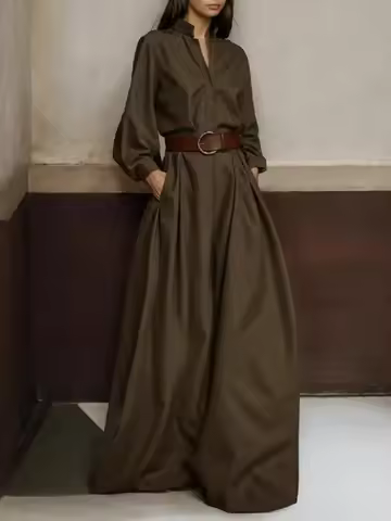 Uoozee Urban Female High Waisted Wide Leg Jumpsuits Solid Color Sleeves Loose Buttoned Stand Collar 