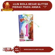 MERAH LILIN LARGE PINK GLITTER VIOLIN CANDLE NUMBER 1 - BIRTHDAY CANDLE