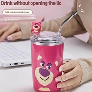 Cute Strawberry Bear Vacuum Cup High-value Straw Water Cup Cup Stainless Cup Steel Coffee Bottle Insulation Water 400ml W3N0