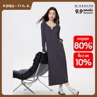 GIORDANO Women Dresses Fake 2-Piece V-Cut Round Neck Rib Dresses Long Sleeve Contrasting Fashion Cas