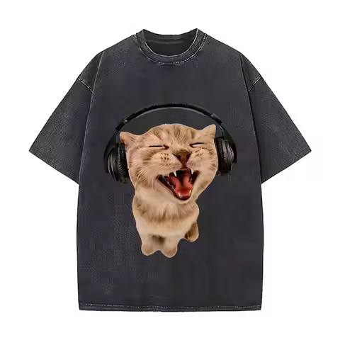 Funny Music Cat Wearing Headphones Singing Washed Distressed Loose Streetwear Tops for City Walks