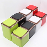 Low-neck square tea box made of tin, diverse colors, for tea/coffee/dry seeds 100g (103x103x103)mm