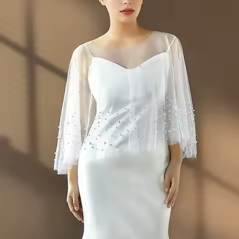 Women Pearl Beaded Cape Bridal Bolero Sheer SleevelessPoncho High Low Pullover Wedding Evening Party