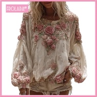 Plbuew V-neck Tees Neckline Blouses V-neck Lantern Sleeve Womens Shirt with 3d Flower Pattern Perfec
