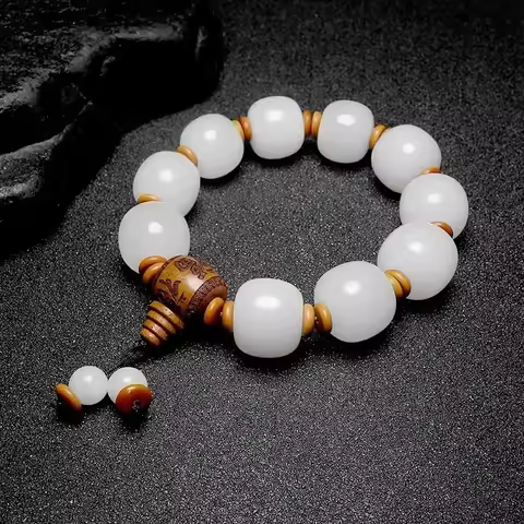 High Quality Hotan Lanolin White Jade Gold Silk Jade Old Shape Bead Apple Bead Bracelet Jade Men's R