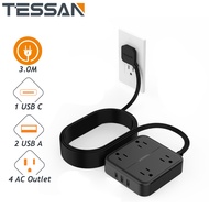 TESSAN สีดำ รางปลั๊กไฟ ปลั๊ก ไฟ 3 ตา แท้ ปลั๊กไฟ ปลั๊ก พร้อม USB TYPE C รางปลั๊กไฟ ปลั๊กพ่วงมาตรฐาน