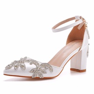 XSHXY · 7cm Thick Heel Pointed Shoes Hollow Square Root Sandals Rhinestone Wedding Women White Brida