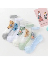 5 雙夏季男童薄冰絲恐龍設計中筒襪,卡通白色、綠色、藍色水晶男嬰時尚長襪,適合 6 至 12 歲兒童。