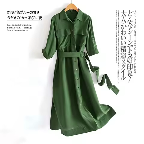 Vestido de seda de morera verde oscuro, prenda trabajo pesado con cinturón, Camisa ajustada, novedad
