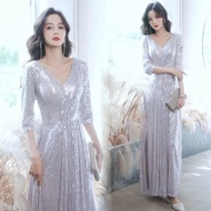 Silver Sequins Evening Dress Women's Banquet Sequin Fashion Prom Party Dress Maxi Gown Formal Evenin