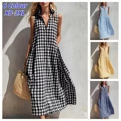 Plaid Sleeveless Vichy Women's Single-breasted Fashion Resort Style Seaside Loose Long Skirt Dresses