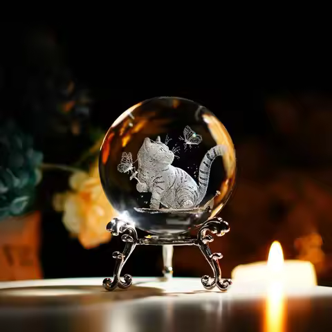 6cm 3D Cat Crystal Ball Decoration Home Laser Engraving Cat with Butterfly Glass Ball with Metal Hol