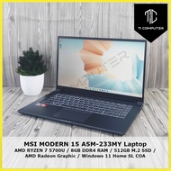 MSI MODERN 15 A5M-233MY AMD RYZEN 7 5700U 1.8GHz 8GB DDR4 RAM 512GB SSD M.2 Used Laptop Notebook