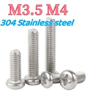 M3.5 M4 304 Stainless Steel Cross Recess Screw Cross Round Head Pan Head Screw Machine Thread Screw