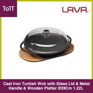Cast Iron Turkish Wok with Glass Lid &amp; Metal Handle &amp; Wooden Platter Ø28Cm 1.22L Black Eco Lava