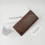 Guy Laroche กระเป๋าสตางค์พับยาว ประกบ สีน้ำตาลช็อกโกแลต โลโก้รมดำ หนังลาย หนังแท้100%