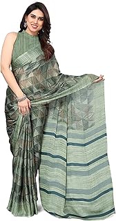 Women's Chiffon Ajrakh Border Pallu Pririnted Solid Saree with Blouse Piece