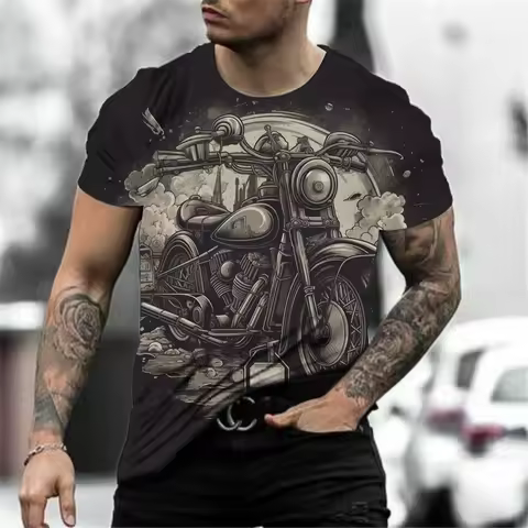 Motorcycle T-shirt for Men 3D Car Printed Short Sleeved Retro Top Street Cycling Bicycle T-shirt for