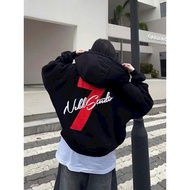 HOODIE ZIP BOXY VER2- Jacket zipper with 2 embroidered leather and fabric number 7 - Whose Studio