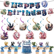 Bekalan Hiasan Parti Hari Lahir Bertemakan Naga - 23 Keping Banner Bertemakan Naga, Hiasan Gantung, 