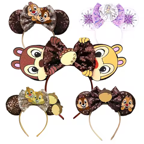 2024 Mickey Mouse Ear Headband Chip and Dale Bow Sequin Hairband Women Hair Hoop Birthday Gift Adult